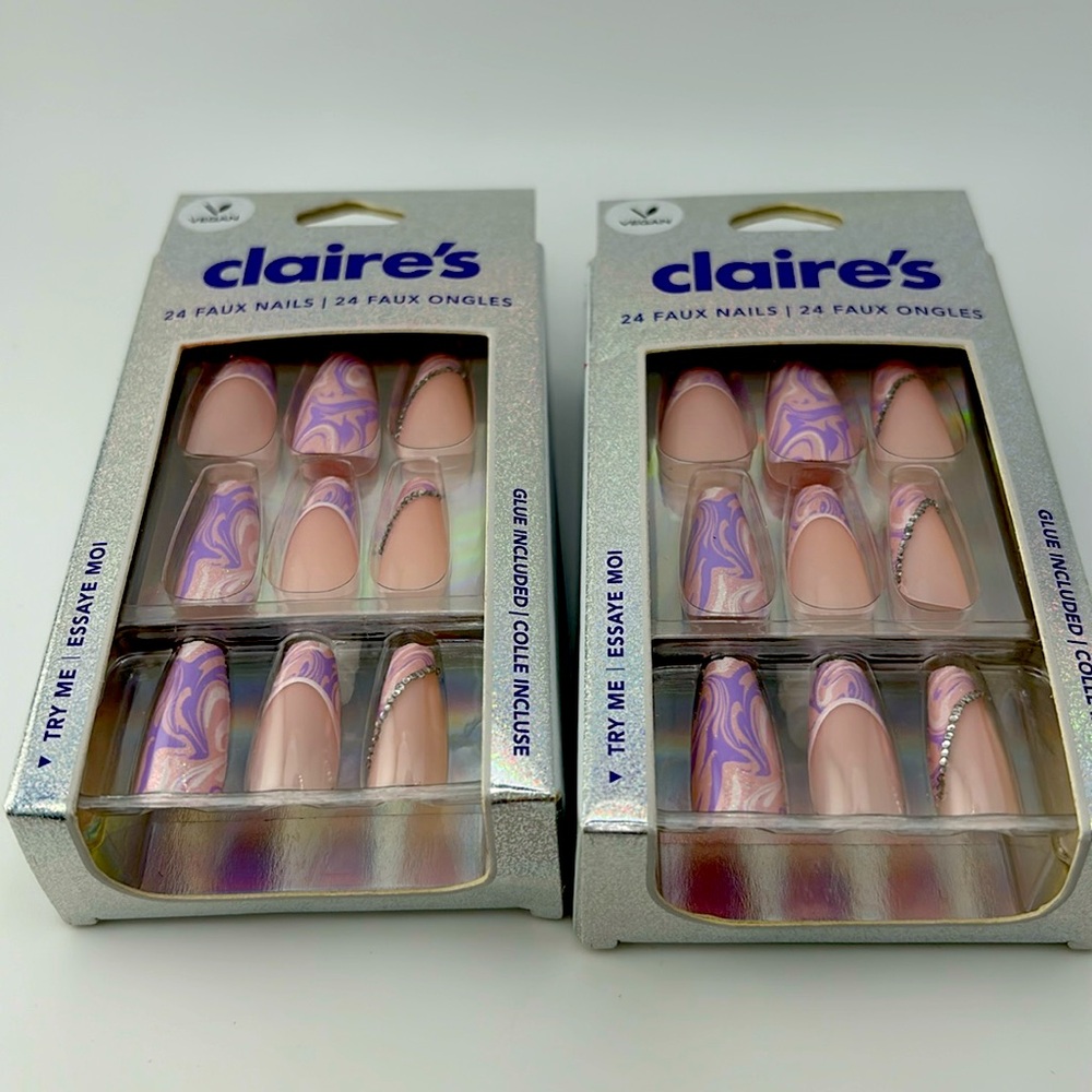 2pcs Claire’s 24 Faux Nails Long Square Multicolor rhinestone Design Vegan-New